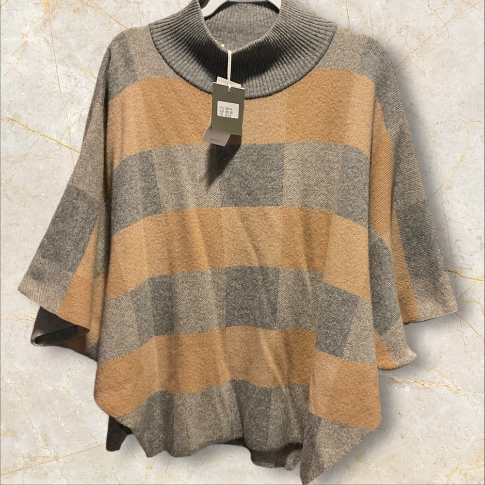 NWT Note di Anita  Camel and Grey Stripe Wool Blend Poncho